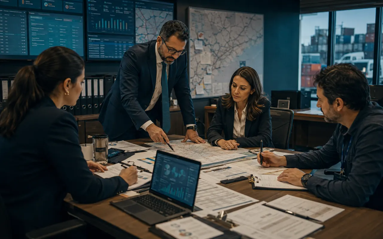Profissionais coordenando documentação, logística, responsabilidades e execução de uma operação integrada.